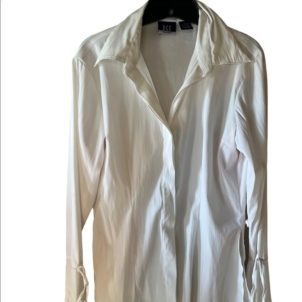 DCC “Missy” Stretchy White Blouse Button up Bell sleeves with Ties